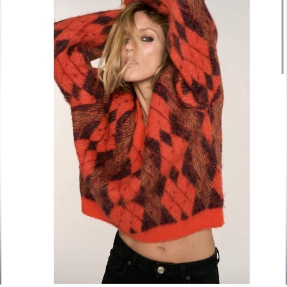 M 🔖 ZARA Wool Alpaca Blended Argyle Sweater V-neck - Picture 4 of 12